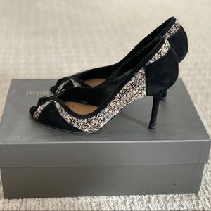 Black suede and tan tweed peep-toe pump